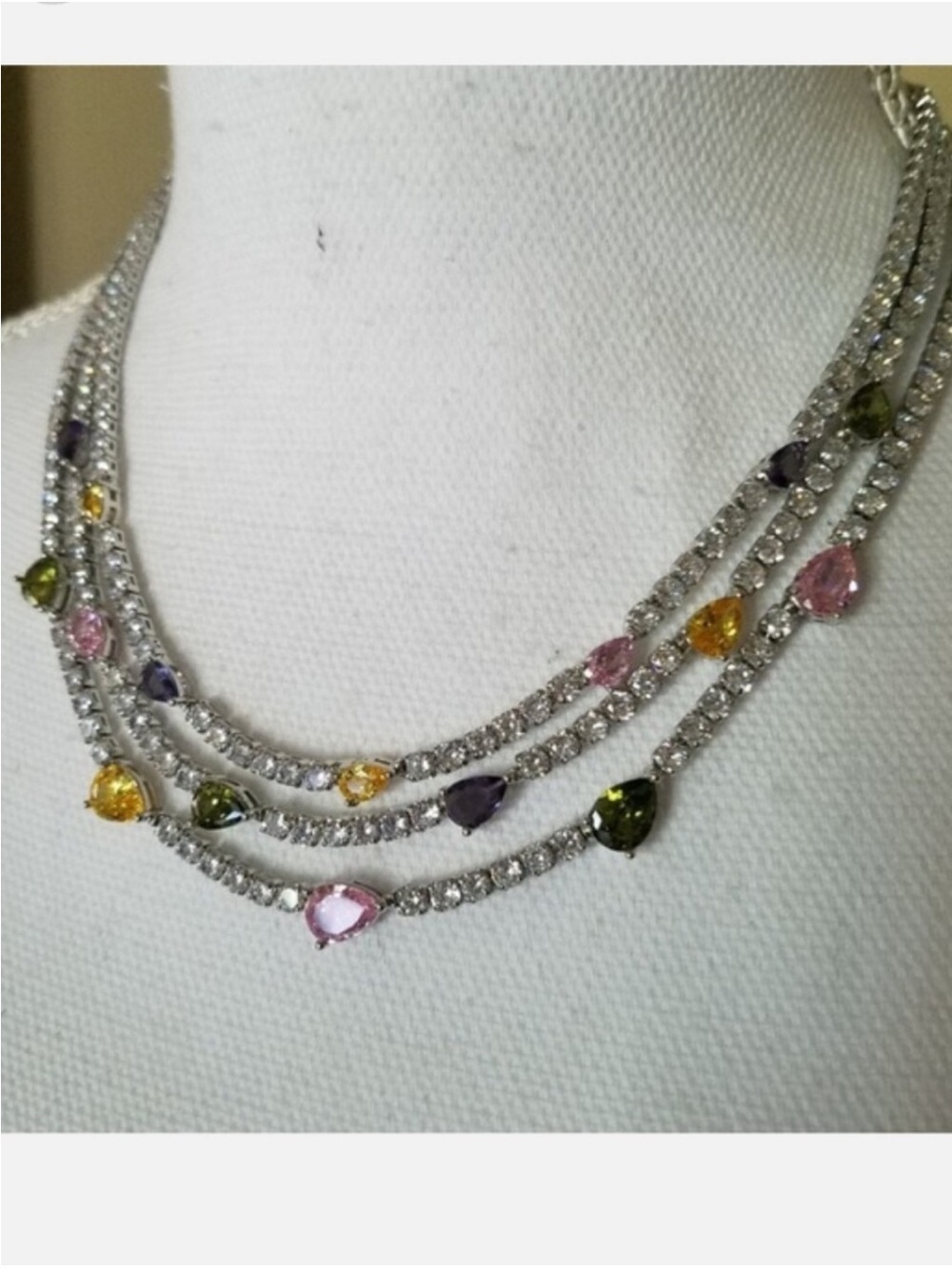 Swarovski Elements Teardrop Pink Purple & Yellow Gem Layered Necklace NEW - Picture 5 of 17
